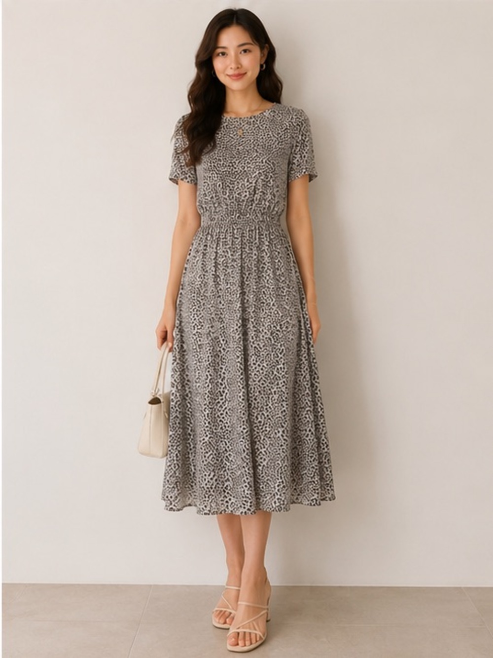 Wayf Grey Leopard Print Short Sleeve Midi Dress